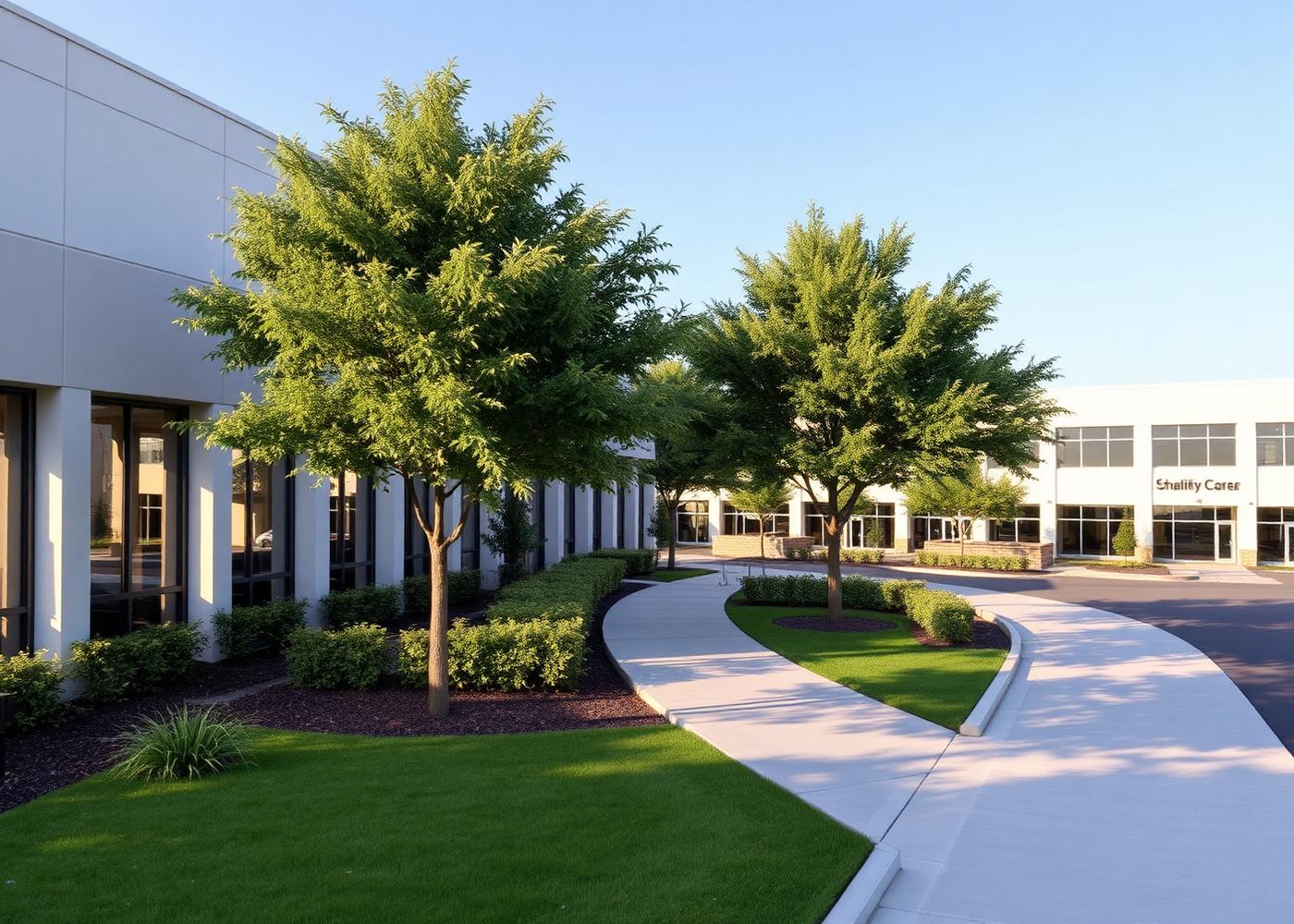 Commercial property with maintained landscaping and mature trees