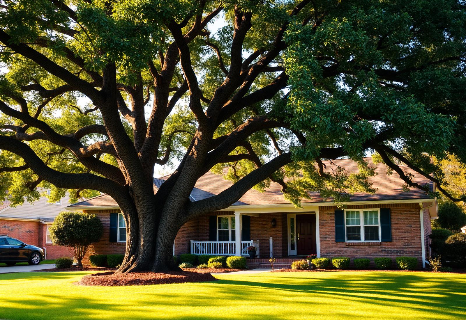Residential home with a mature front-yard tree