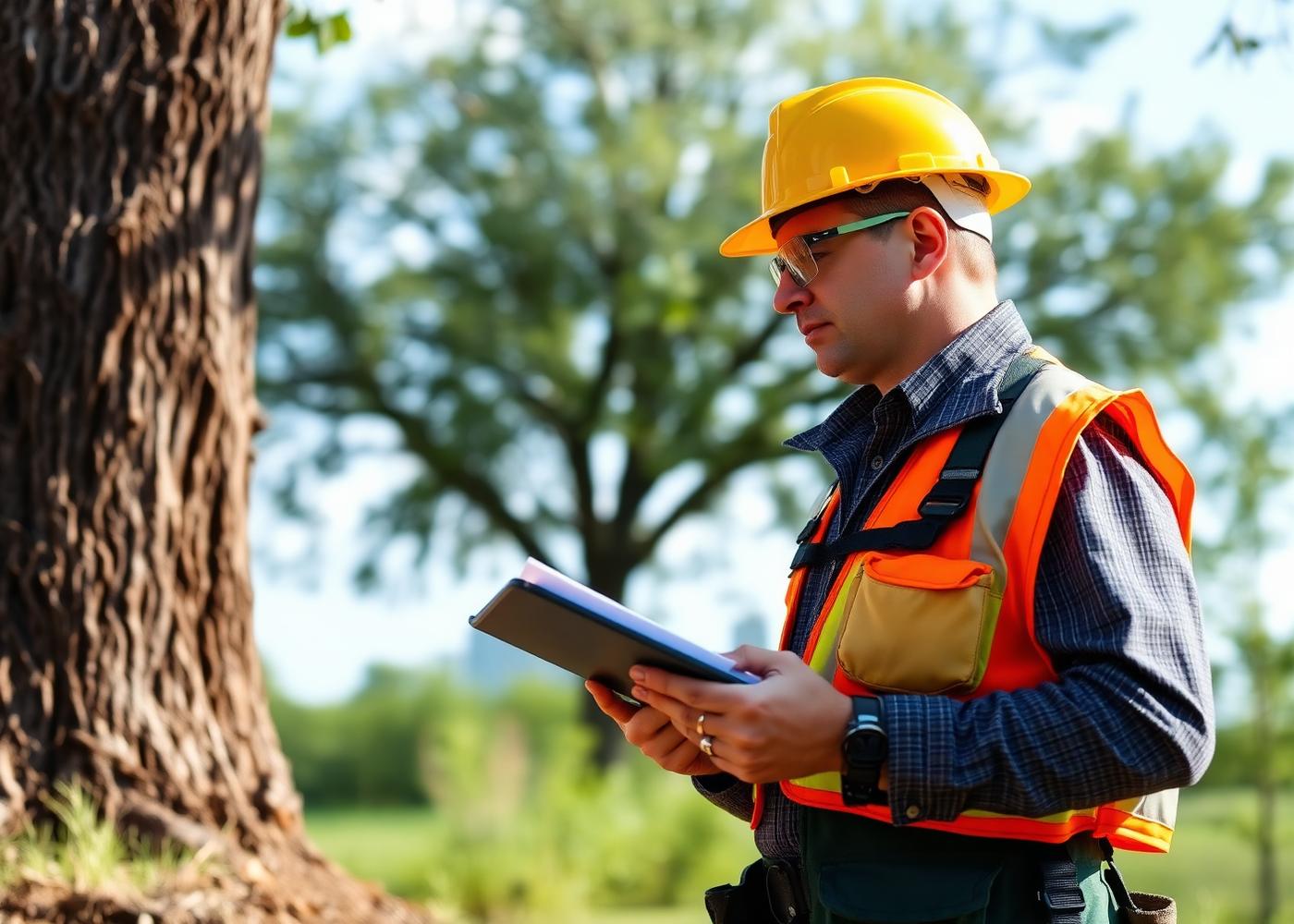 Tree service worker in a hard hat and safety vest inspecting a tree from the ground